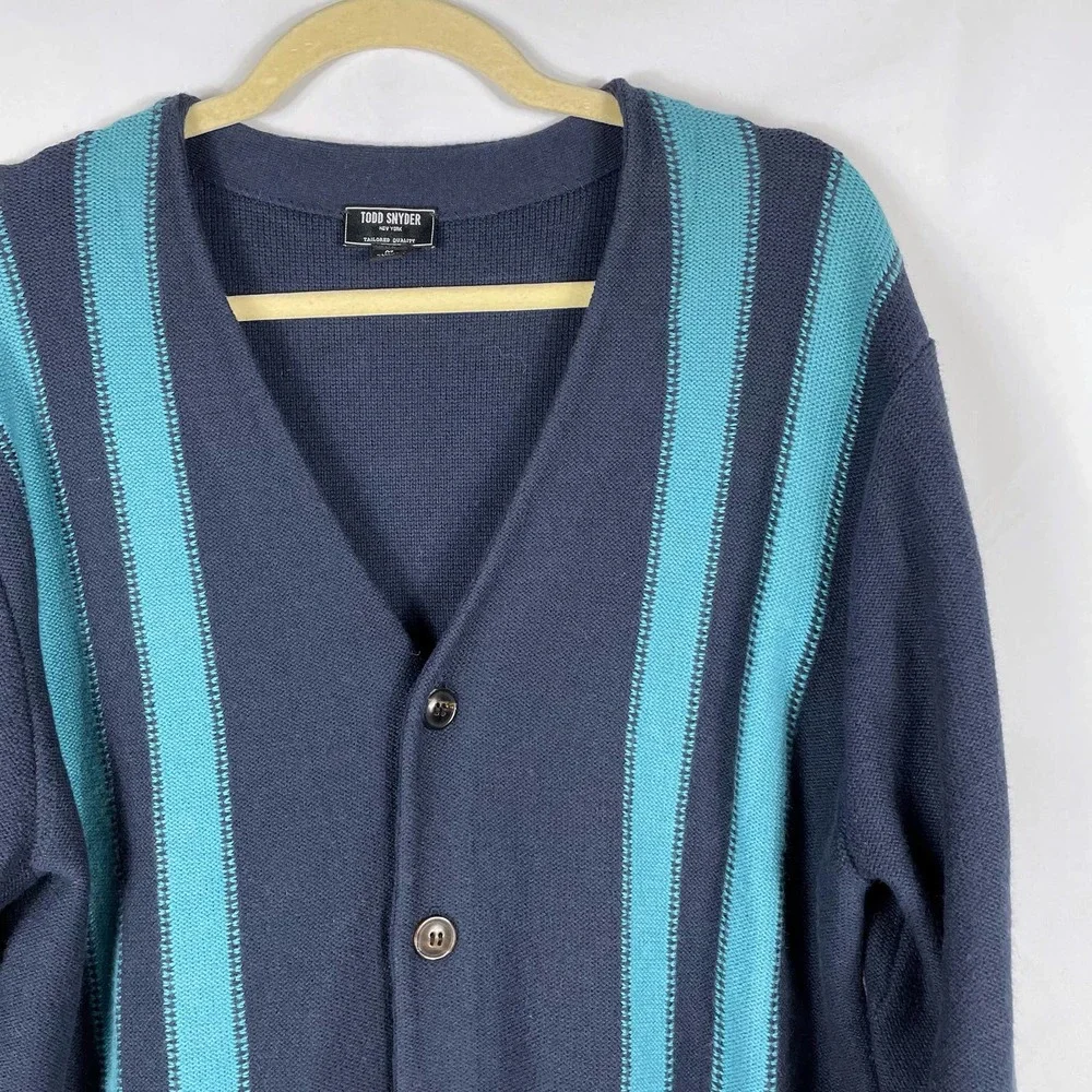 SOLD-NEW Todd Snyder Navy Blue Cardigan Sweater Vertical Stripe Button Front - Picture 3 of 8